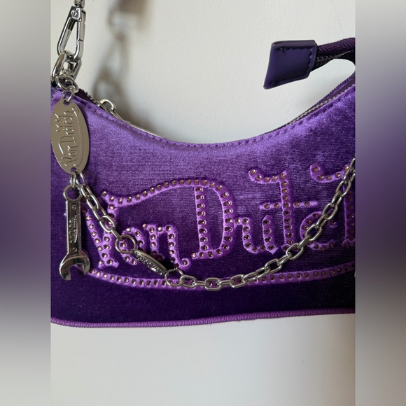 Viral Von Dutch Purple Velvet Rhinestone Silver Charms Shoulder Bag - Picture 2 of 4
